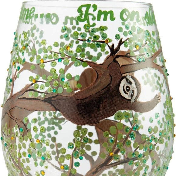 Wine Glass Stemless Sloth Time Hand-Painted Artisan 20 oz Cup Enesco Love New - Picture 6 of 8